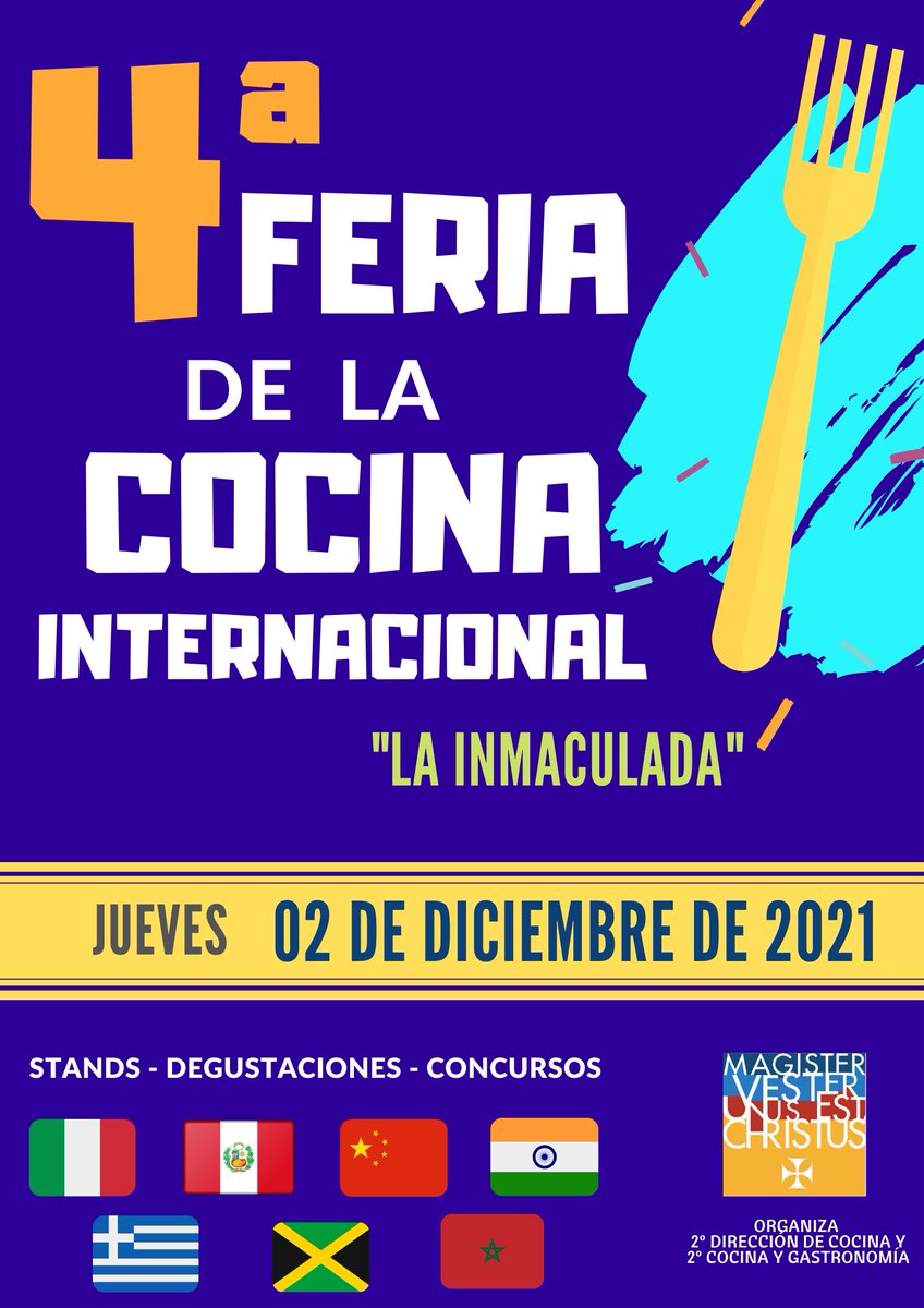 El próximo jueves celebramos una nueva edición de la Feria de la Cocina Internacional "La Inmaculada". Un evento gastronómico que todo el alumnado del CFP La Inmaculada podrá disfrutar y donde la cocina internacional de distintos países será la protagonista. #cocina #FP