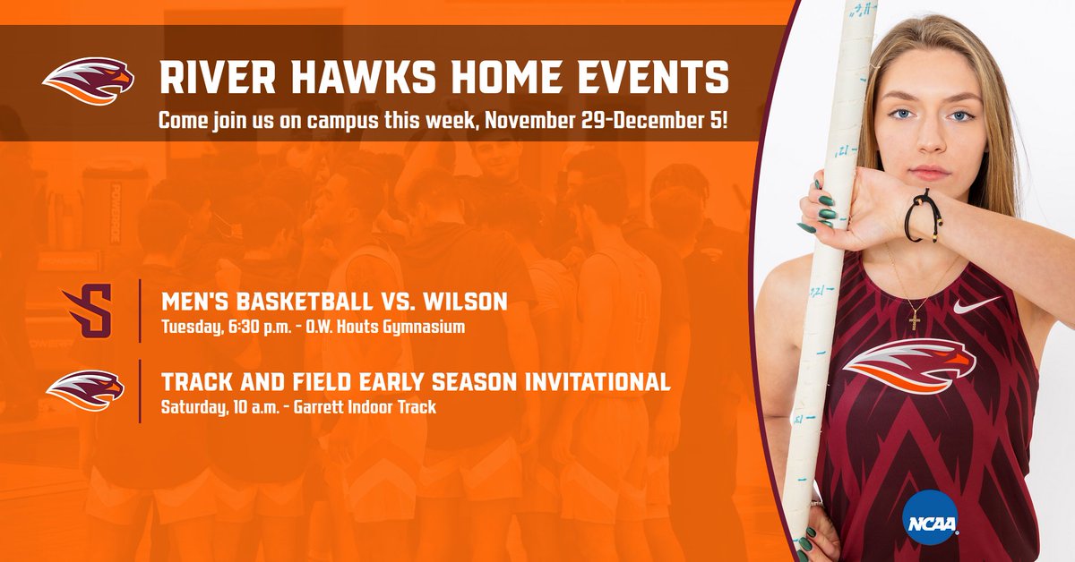 GOSusqU's tweet photo. EVENTS | Two home events this week on campus, as @Susquehanna_MBB hosts Wilson Tuesday evening while #SUTF opens indoor action Saturday.
No spectators will be allowed at track though, tune in on the live stream!
#AllIn // #GoSU // #RiverHawkPride https://t.co/zQVSP3vdMR