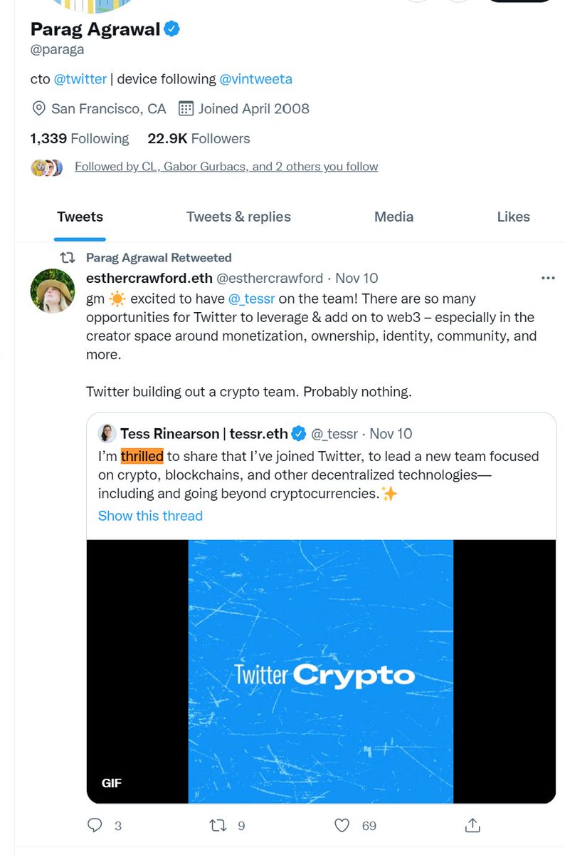TWITTER NAMES PARAG AGRAWAL TO SUCCEED JACK DORSEY AS CEO

Seems related to Dorsey's BTC maximalism; new CEO has a metaverse / multi-chain bent?