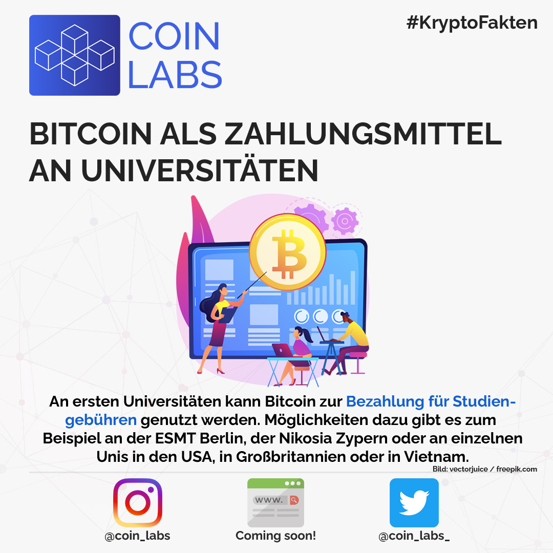 coin_labs_'s tweet photo. An ersten Universitäten kann #Bitcoin zur Bezahlung für Studiengebühren genutzt werden. Möglichkeiten dazu gibt es zum Beispiel an der ESMT Berlin, der Nikosia Zypern oder an einzelnen Unis in den USA, in Großbritannien oder in Vietnam. 💯💯💯

#️⃣ #cryptonews #krypto #crypto https://t.co/a1L5Vg0YKd