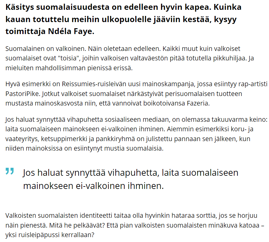 tuukka_kuru's tweet photo. Tykkään siitä, miten yle on siirtymässä uudelle asteelle suomalaisvihansa kanssa. Hitaan kypsyttämisen sijasta suomalaiset pääsevätkin nyt lukemaan suoraan siitä, kuinka heidän suvaitsevaisuutensa ei enää riitä, ja kuinka heidän valkoisuutensa on ratkaisua vaativa ongelma. https://t.co/cUCZ1f4rIM