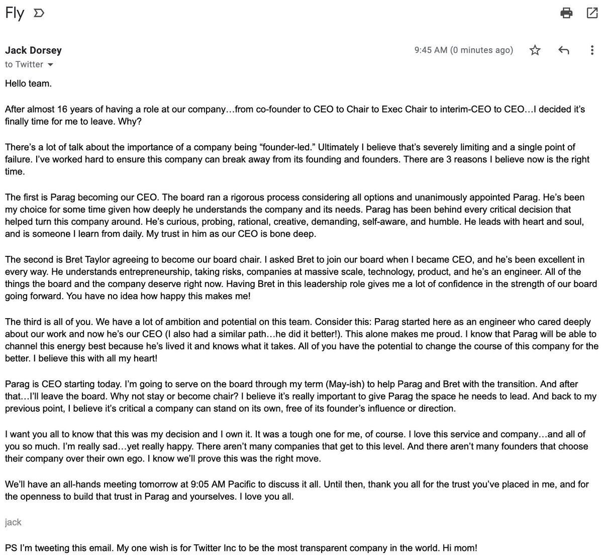 Jack Dorsey's email to twitter that announces he is stepping down as twitter's CEO.