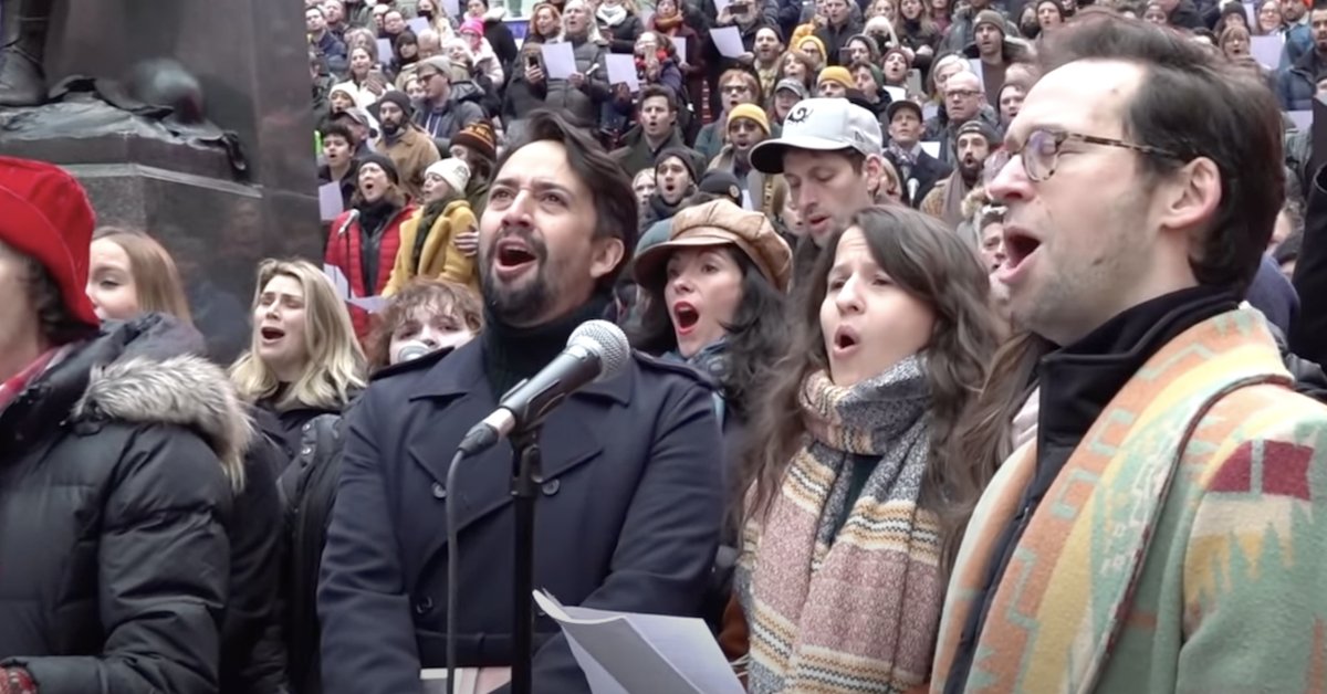 theatermania's tweet photo. WATCH: Members of the Broadway community gather in Times Square to sing "Sunday" in honor of Stephen Sondheim → https://t.co/5DGICLaYN6 https://t.co/SYX22pyVPL