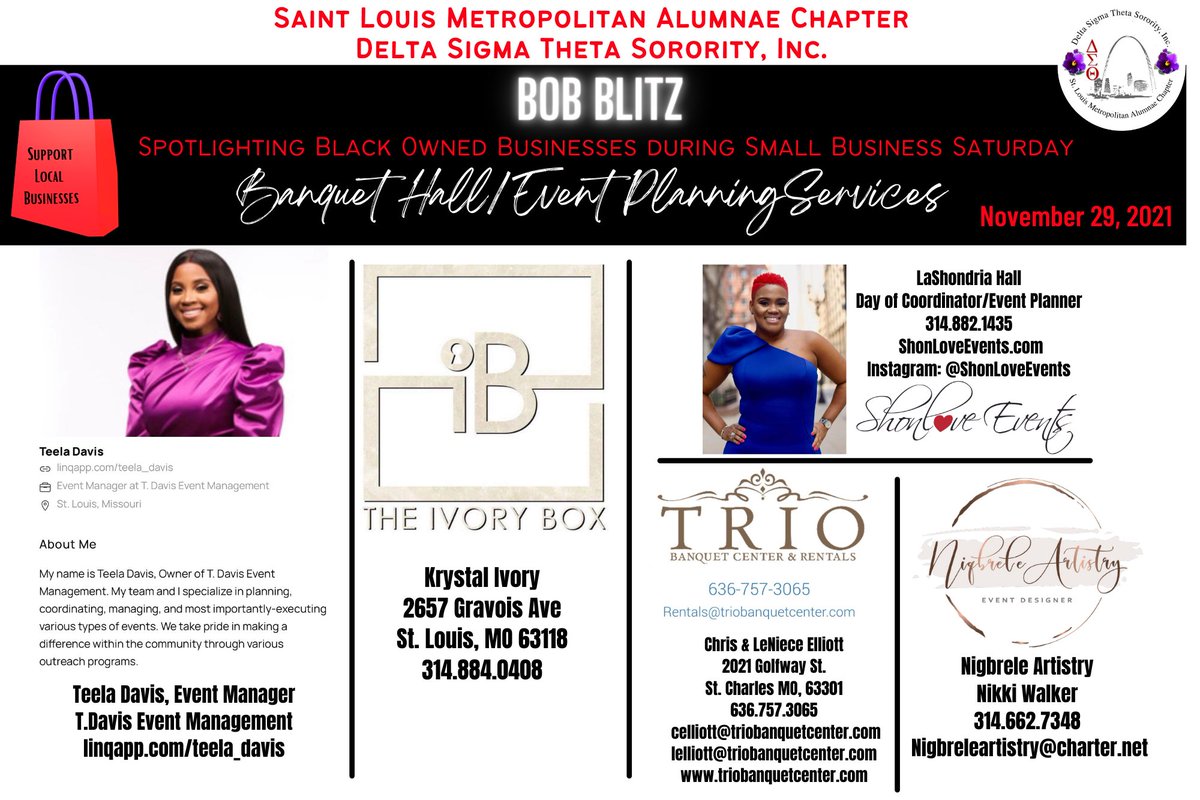 Today we are spotlighting Black Owned Businesses that provide Banquet Hall/Event Planning Services! Please reach out to one of the below businesses for your planning needs!

#SLMACBOB