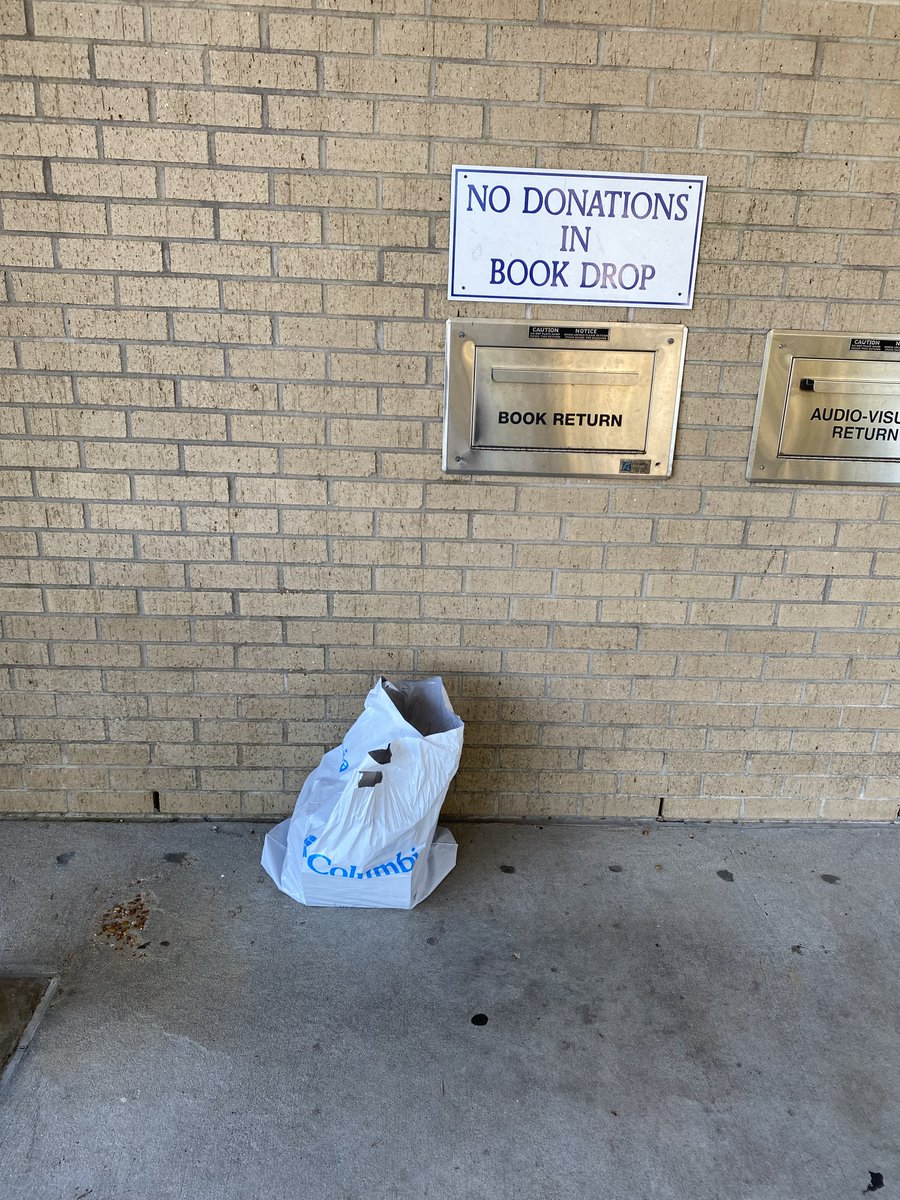 FoleyLibrary's tweet photo. So if not in the book drop then underneath the book drop?  NO!  Please do not leave donations under the book drop, in the book drop, beside the book drop.  #librarylife #librarytwitter #library #librarybookdrop https://t.co/pz15vCz821