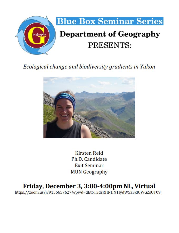 Kirsten Reid (@kirstenareid) on Twitter photo This Friday I'll be presenting my <a href="/MUNGeog/">MUN Geography</a> PhD exit seminar!
Join us on zoom to find out what I've been up to for the past 4 (?!) years
Dec 3 @ 3pm NL/11:30am Yukon & all other timezones in between
DM for zoom link This Friday I'll be presenting my <a href="/MUNGeog/">MUN Geography</a> PhD exit seminar!
Join us on zoom to find out what I've been up to for the past 4 (?!) years
Dec 3 @ 3pm NL/11:30am Yukon & all other timezones in between
DM for zoom link