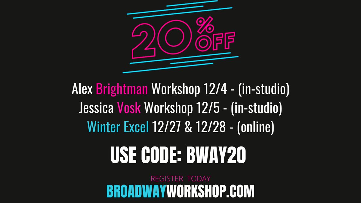 Broadway Workshop (@thebwayworkshop) on Twitter photo Our #CYBERMONDAY deals are here!! Join us this weekend for in-person workshops THIS WEEKEND with @AlexBUpdates & <a href="/JessicaVosk/">Jessica Vosk</a> for 20% off! ONLY A COUPLE SPACES LEFT! #broadway #broadwayworkshop #nyc #alexbrightman #jessicavosk Our #CYBERMONDAY deals are here!! Join us this weekend for in-person workshops THIS WEEKEND with @AlexBUpdates & <a href="/JessicaVosk/">Jessica Vosk</a> for 20% off! ONLY A COUPLE SPACES LEFT! #broadway #broadwayworkshop #nyc #alexbrightman #jessicavosk