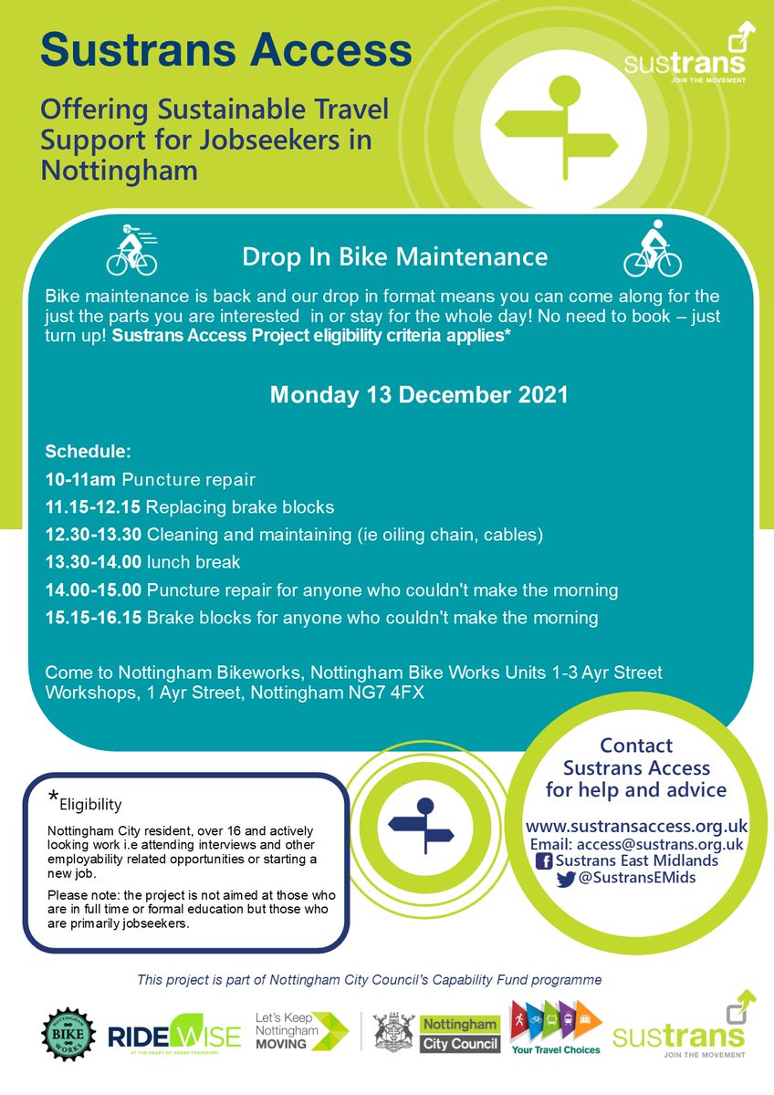 SustransEMids's tweet photo. #nottingham jobseekers! Our final Drop in Bike Maintenance of 2021 is Mon 13th Dec! Come along and learn how to do simple repairs on your bike!It's #free! Save Β£'s & be more confident while out on your bike! #sustransaccess #fixit @Transport_Nottm @nottmjobs @JCPInNotts @CN2028 https://t.co/PIKUWiU0Um