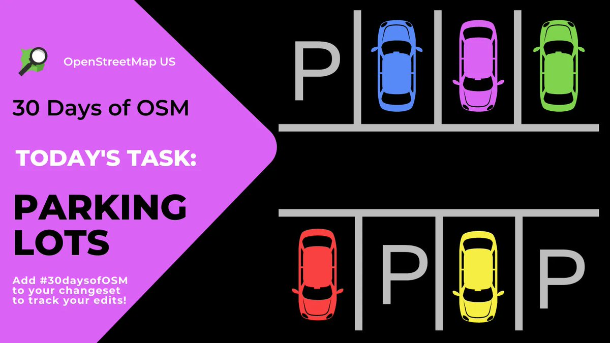 OpenStreetMapUS's tweet image. Today&apos;s task for 30 Days of OSM is parking lots 🚘. Trace the area around the parking area, add service roads and parking aisles, and access information. Remember to add #30daysofOSM to your changeset to track your edits. More info: buff.ly/3kFQP7X