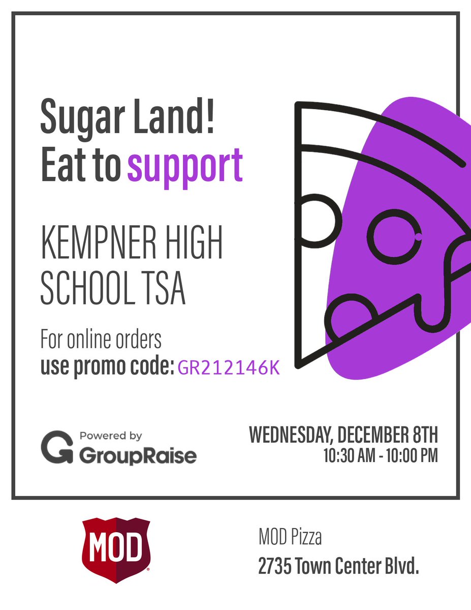 KempnerTSA's tweet photo. Come out and support KHS TSA @ Mod Pizza on 12/8! https://t.co/VAA72rgd7b