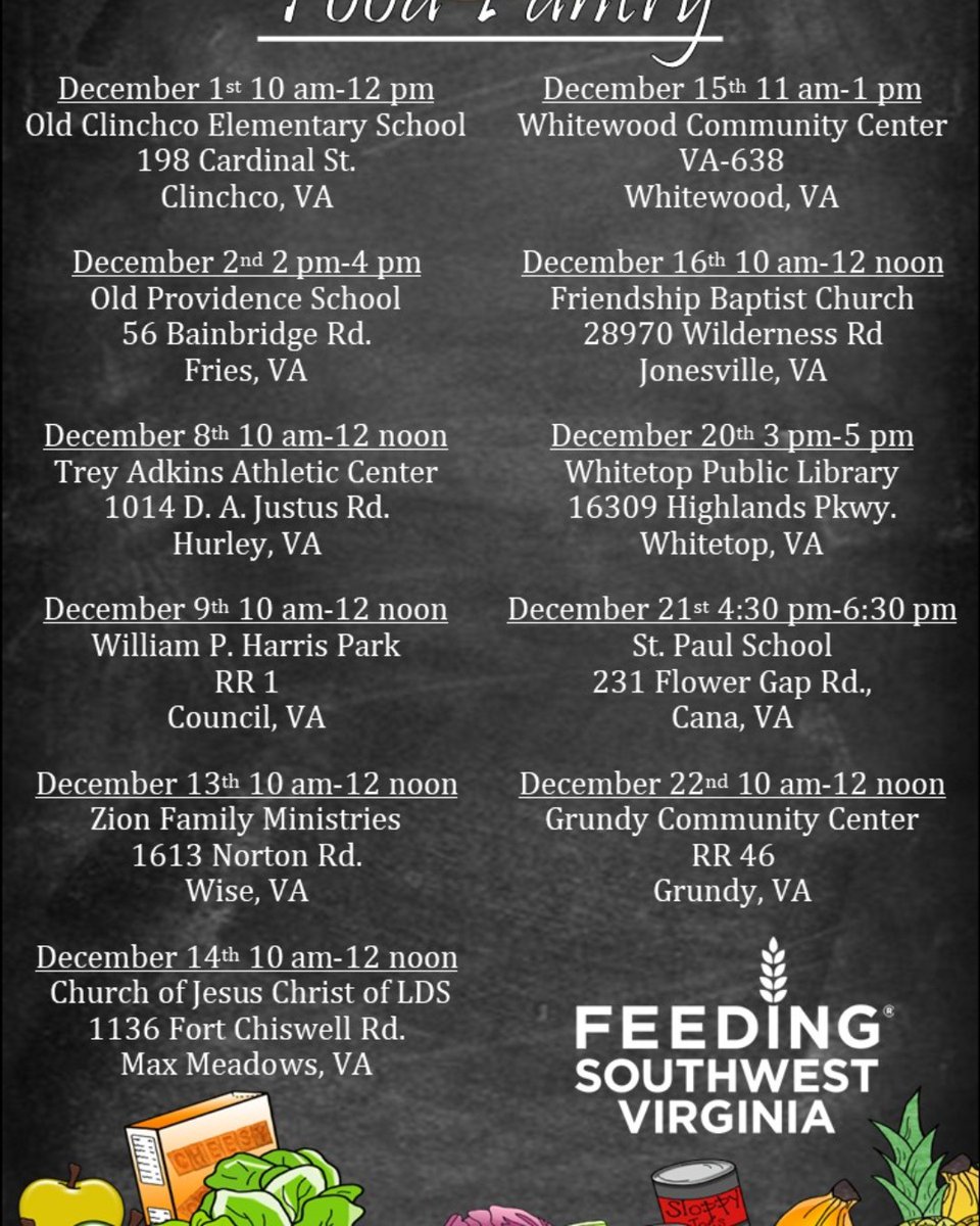 FeedingSWVA's tweet photo. #December is almost here! Take a look at our Mobile Food Pantry calendar for the month and please share this post so people in these areas facing food insecurity may attend. The food is of no cost to participants.
#feedingswva #mobilefoodpantry #fighthunger https://t.co/GtAdKzJIXo