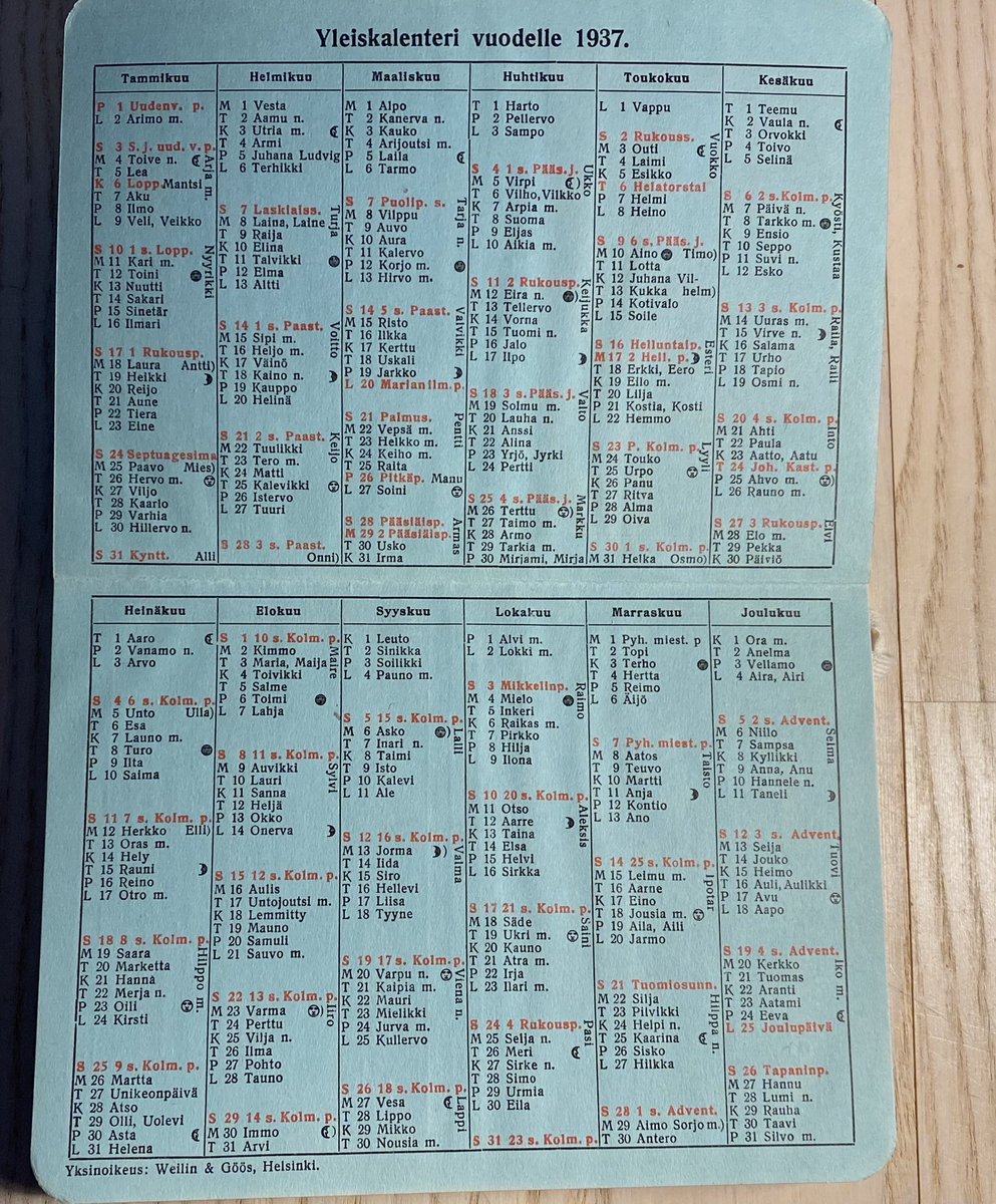 KKetolaAnnala's tweet photo. Paapani jäämistöstä löytyy kaikenlaista. Muun muassa Pellervon kalenteri vuodelta 1937. Monenlaisia merkintöjä löytyi, mutta erityisesti huomioni kiinnitti #kalenteri’n #nimipäivä’t.Uudelleen käyttöön otettavia vauvojen nimiä? #Sinetär #Hervo #Solmu #Esikko #Ale #Siro #historia https://t.co/DncVE8HT5V