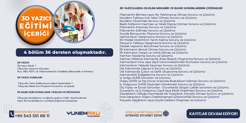 3D Yazıcı Eğitim Atölyesi
〰️Kayıtlarımız Devam Ediyor〰️
✅9 yaş ve üzeri her yaş grubu için uygun eğitim.
✅Her öğrencimiz için atölyemiz tarafından 3boyutlu yazıcı sağlanacaktır.

Bilgi ve kayıt için;
0543 551 88 11
#ankara #çankaya #3dyazici #3dyaziciatölyesi #eğitim #kurs