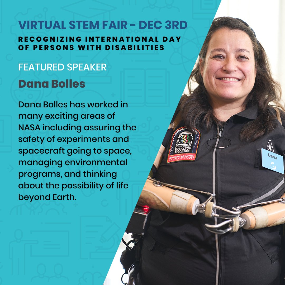 SavvasLearning's tweet photo. #VirtualStemFair Speaker Spotlight: Meet Dana Bolles of @NASA! Tune in at 12:30 PM EST on December 3rd with your classes to watch her session!
Register: https://t.co/RE5jCKd5mm #scichat #InternationalDayOfPersonsWithDisabilities https://t.co/jb1CiOSDKg