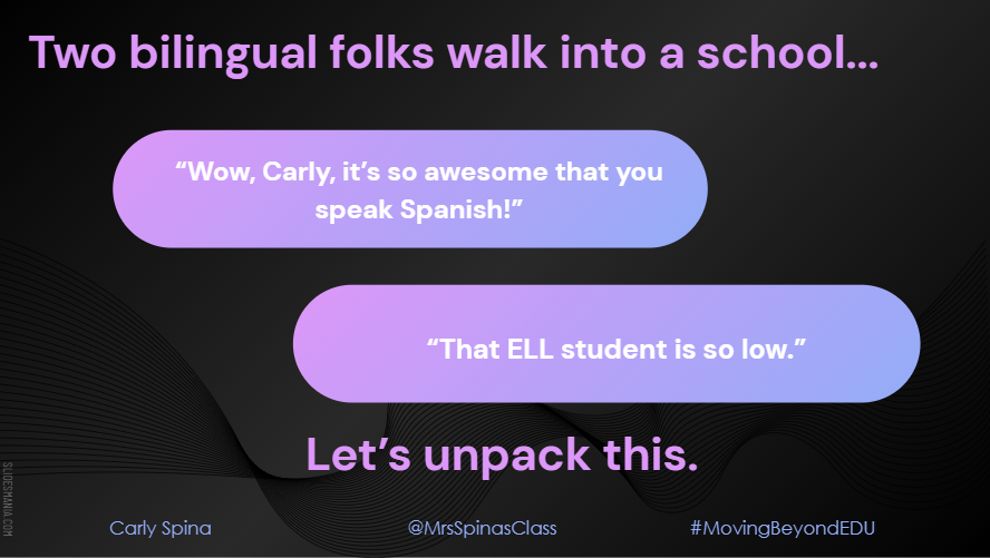 MrsSpinasClass's tweet photo. I am often praised (as a white educator) for being bilingual, when the students &amp; families I serve are often dismissed for their bilingualism. It's unnerving. We have to unpack this. Prepping some content for this Friday's Ohio Dual Language Summit. https://t.co/nXNB6zsbuT