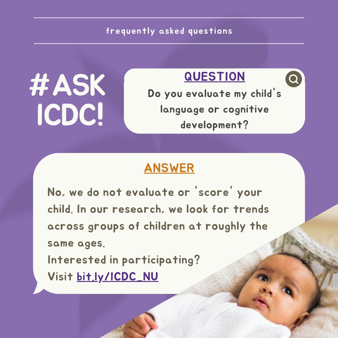 Here at ICDC, we do not assess children's development. But, If you are concerned, Northwestern has one of the nation’s leading clinics for assessment &amp; interventions. Contact them at: 847-491-5012 
Interested in participating? Visit bit.ly/ICDC_NU

#AskICDC #family #baby