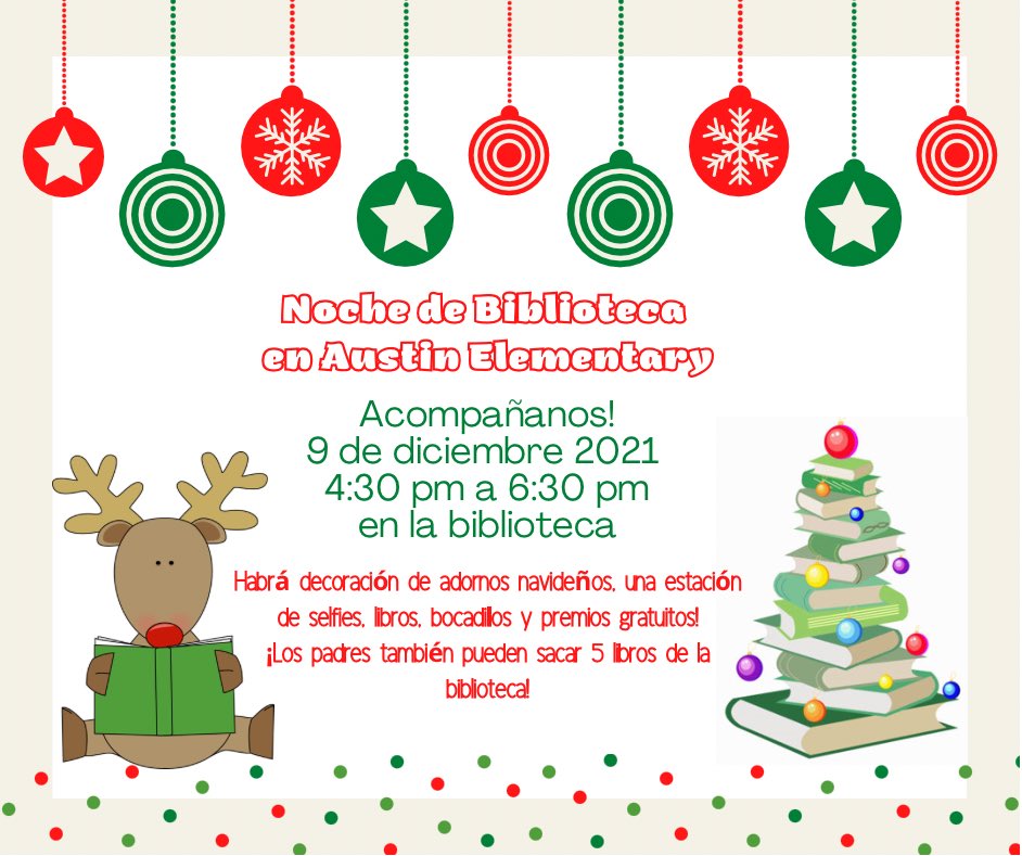 AustinCubs's tweet photo. Join us on December 9th in the Library for Family Library Night! We will have Christmas activities, free books and snacks. Come join us for a night of family fun! 🎄📚🍪🥛#AustinOvercomes https://t.co/aKjxnzf4HU