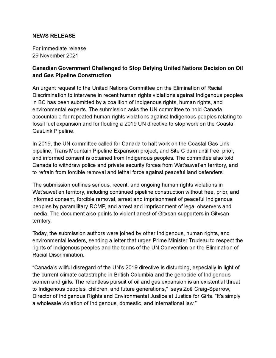 FAFIAAFAI's tweet image. We join a coalition of voices calling for the #UNCERD to intervene in recent human rights violations against Indigenous peoples in BC, as 🇨🇦 gov continues to willfully ignore 2019 UN directives to halt work on the Coastal GasLink Pipeline #WetsuwetenStrong
fafia-afai.org/en/news-releas…