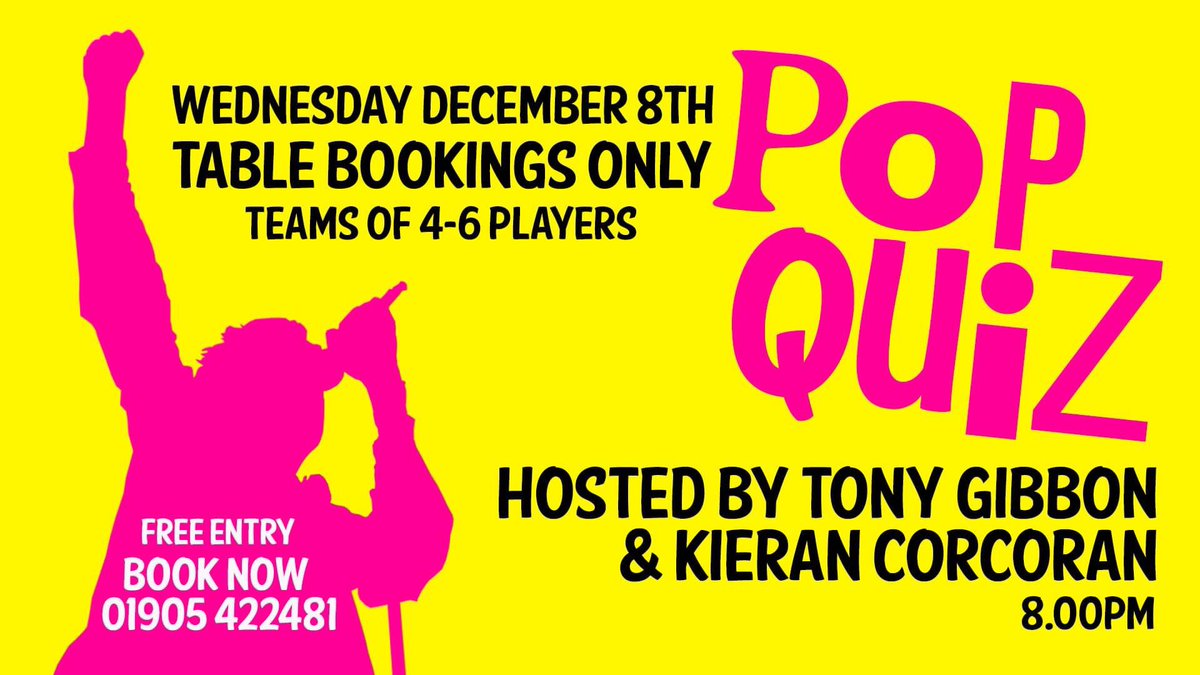 WheatsheafInn3's tweet photo. Introducing our new weekly Pop Quiz starting on Wednesday December 8th. 

Call 01905 422481 to book your team table (4-6 players).

Book now to avoid disappointment!
#worcestershirehour #yourriversidelocal #worcesterpubs https://t.co/j3uXh9b2pO