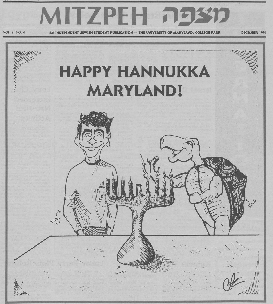 UMDArchives's tweet photo. Happy Hanukkah Terps!🕎

The eight-day Jewish Festival of Lights started last night &amp; continues through Dec. 6th. Here, #UMD's independent Jewish student newspapers, @Mitzpeh &amp; Ha-Koach celebrate Hanukkah in 1991 &amp; 1982. @MarylandHillel https://t.co/hX2ULoDoHT