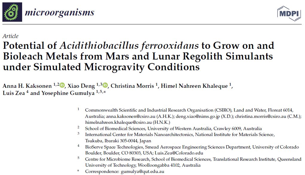 SpaceLuisZea's tweet photo. Our @MDPIOpenAccess #SpaceBiomining journal paper is out! This work was led by @AnnaKaksonen & Yosephine Gumulya at @CSIRO in Australia. @BioServeST spaceflight hardware was used to assess microbial leaching using Mars and Lunar regolith simulant from @ExolithLab🤓@CUEngineering https://t.co/OBDuGmzdMZ