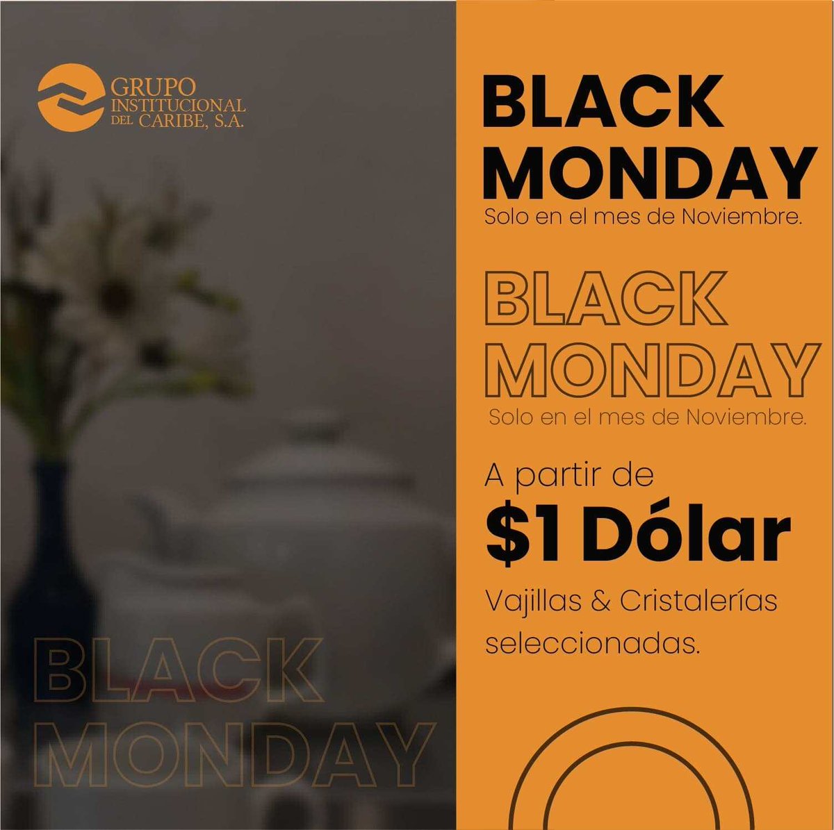En este lunes negro aprovecha nuestras ofertas de mes de noviembre con vajillas y cristalerías de selección para decorar tu mesa, a partir de $1 Dólar, no esperes más!!
#vajillasunicas #vajillas #tazas #platos #grupoinstitucionaldelcaribe