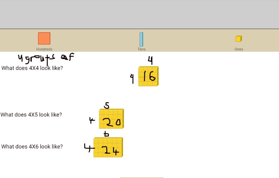 MmeLRT's tweet photo. How might the tool of a base 10 blocks help you see multiples of 4 and how might the tool of 100 charts help you see multiples of 4? Ss had really interesting answers. @brainingcamp @TDSBmath411 @LC2_TDSB @LN10Alvarez #iteachmath #mtobs https://t.co/BOdwrCISg4