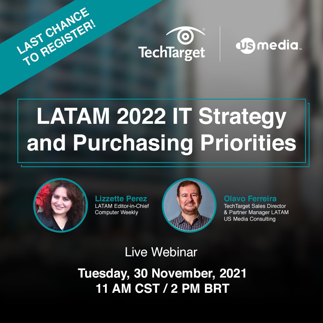 USMediaConsult's tweet image. LAST CHANCE TO REGISTER!

Our webinar on IT Strategy and Purchasing Priorities takes place tomorrow! Save the date: November 30th, at 11am CST/2pm BRT.

Register now at bit.ly/3nPQCQi

#TechTarget #PremiumSolutions #ITStrategy #b2b #TechSolutions #data #PurchaseIntent