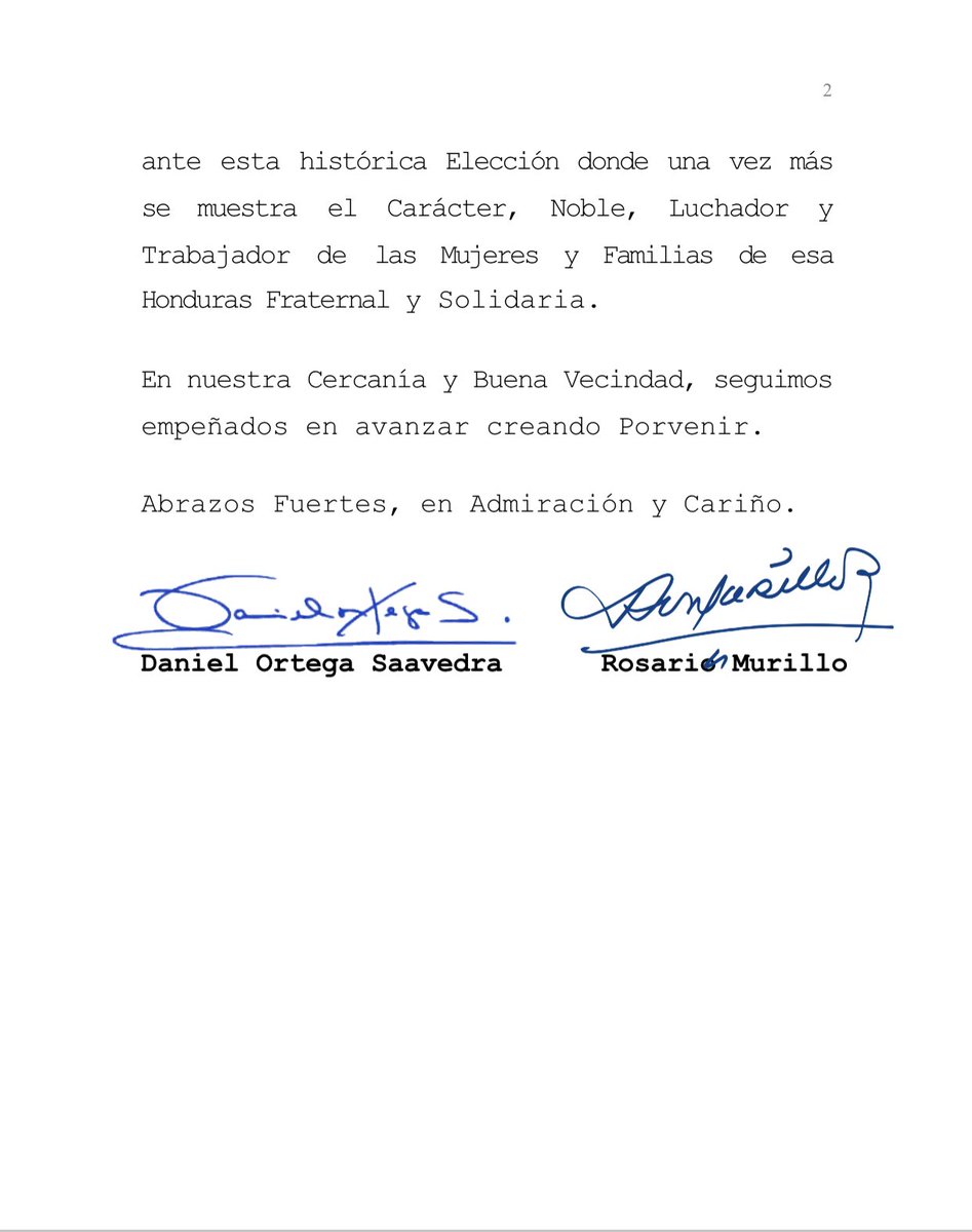 🇳🇮🇭🇳 Mensaje del Gobierno de #Nicaragua a la Cra. <a href="/XiomaraCastroZ/">Xiomara Castro de Zelaya</a> por la victoria en las #EleccionesHonduras2021

“expresamos nuestra alegría ante esta histórica Elección donde una vez más se muestra el Carácter, Noble, Luchador y Trabajador de esa Honduras Fraternal y Solidaria”