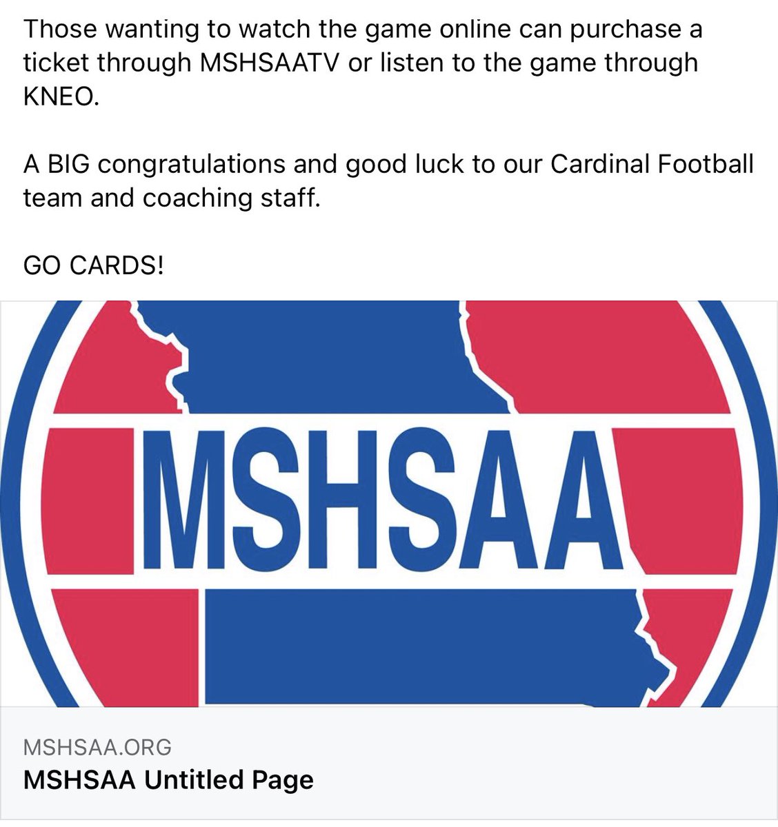 Cardinal Football Fans…State Championship game info below! 👇🏻