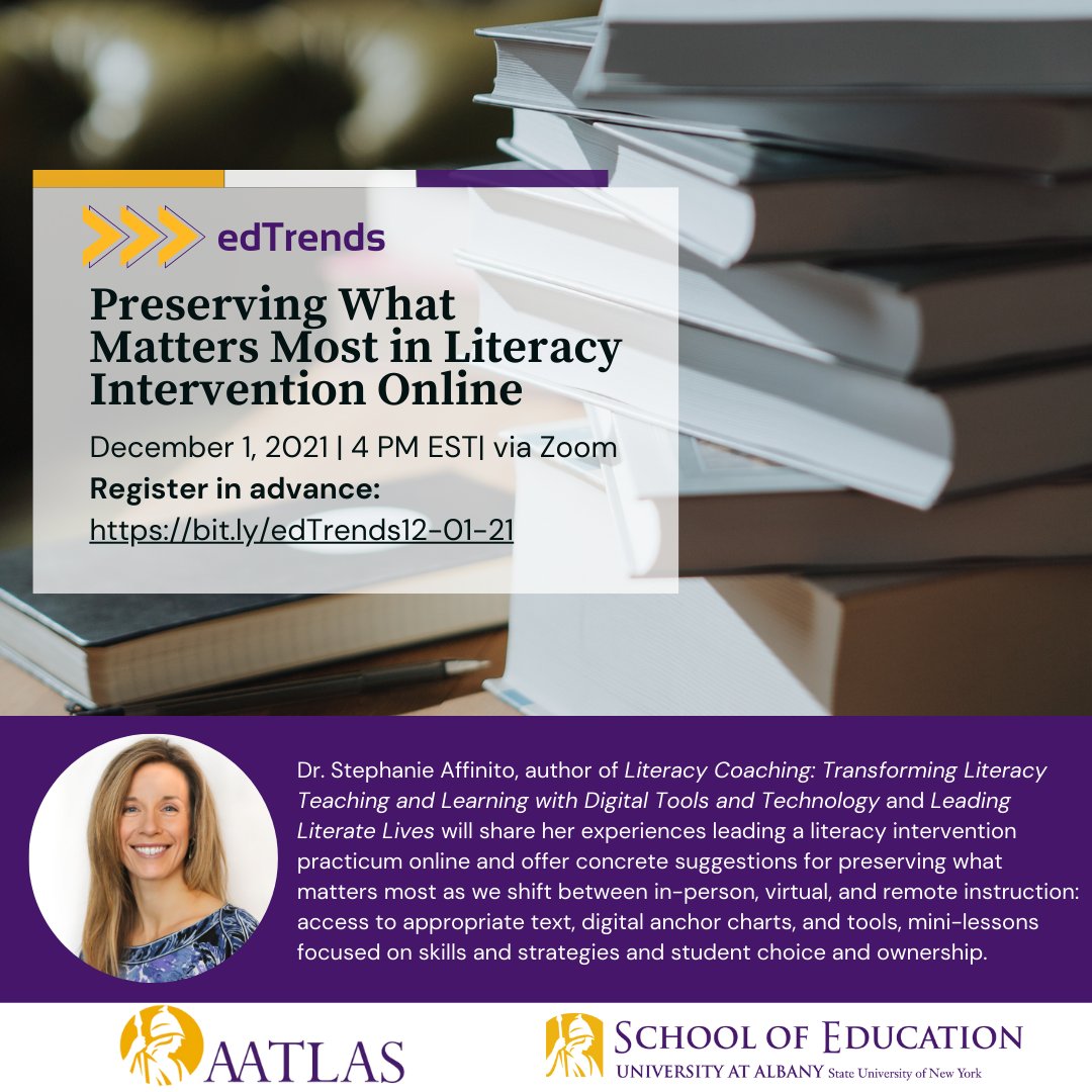 UAlbanyEdu's tweet photo. Learn more about literacy intervention online in this week's @AatlasEd #edTrends with @AffinitoLit. Register in advance: https://t.co/FMHYA3T1FU
Wednesday, December 1 @ 4pm via Zoom https://t.co/Q1CJowEO11