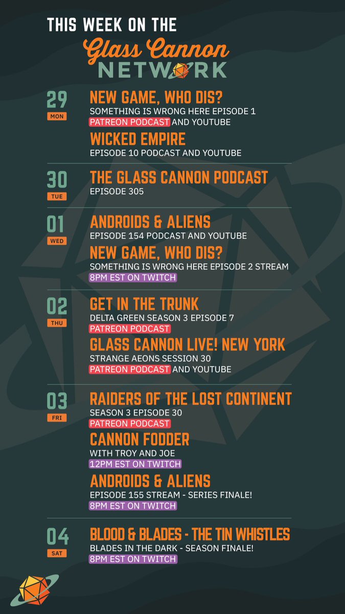 Big week coming up! The Glass Cannon Live! NYC show drops &amp; the Tin Whistles return on Blood &amp; Blades. BUT be sure to set a reminder for 8PM EST Friday night for the SERIES FINALE of Androids &amp; Aliens. Bring popcorn, bring tissues &amp; keep the whole night clear. We're going long!