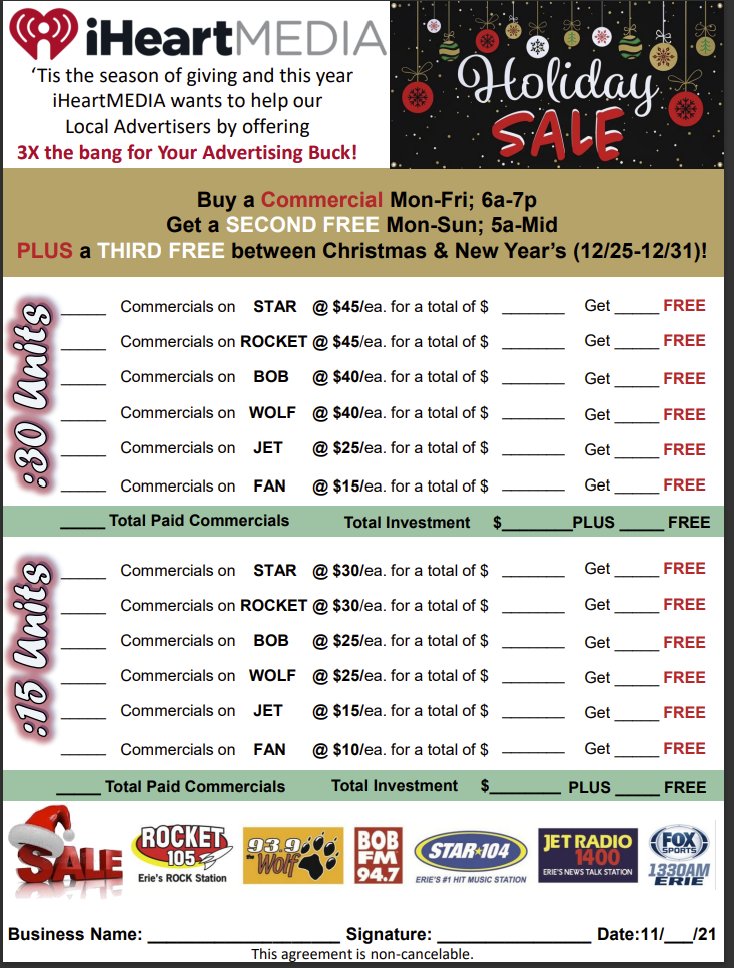 ihmBryanC's tweet photo. iHeart Holiday FLASH SALE ALERT! Buy 1 Commercial get 2 FREE! This promo is only for 48 hours, and would be perfect to let everyone know about your business holiday specials. If interested, reach out ASAP! #CyberMonday #erie #eriepa #sale #shoplocal #shopsmall #holidays  #radio https://t.co/eLZzgOnITA