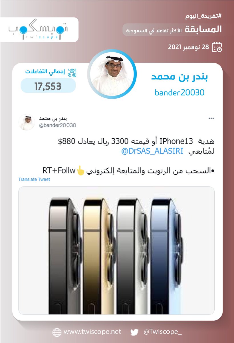 Twiscope_'s tweet photo. #تغريدة_اليوم للمسابقة الأكثر تفاعلا في السعودية بأكثر من 17,500 تفاعل ..

https://t.co/eSIZuuc3gn https://t.co/0xxMgo0sqK