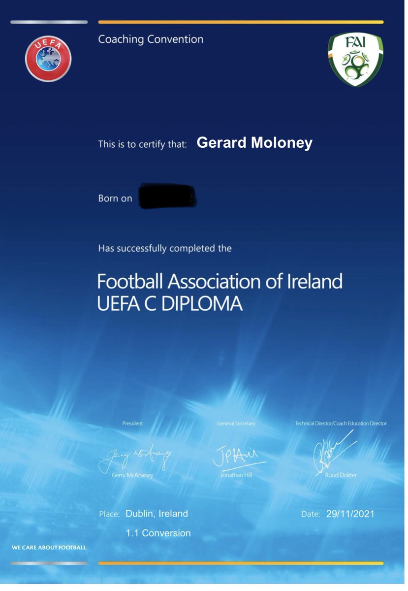 Delighted to achieve my UEFA C Diploma. Thanks to @FAICoachEd @NiallORegan29 @ross_kenny on a super conversation coach brilliantly delivered via @AVENIRSPORTS LMS #lifelonglearning #realitybasedlearning #learnercentred #UEFACoaching