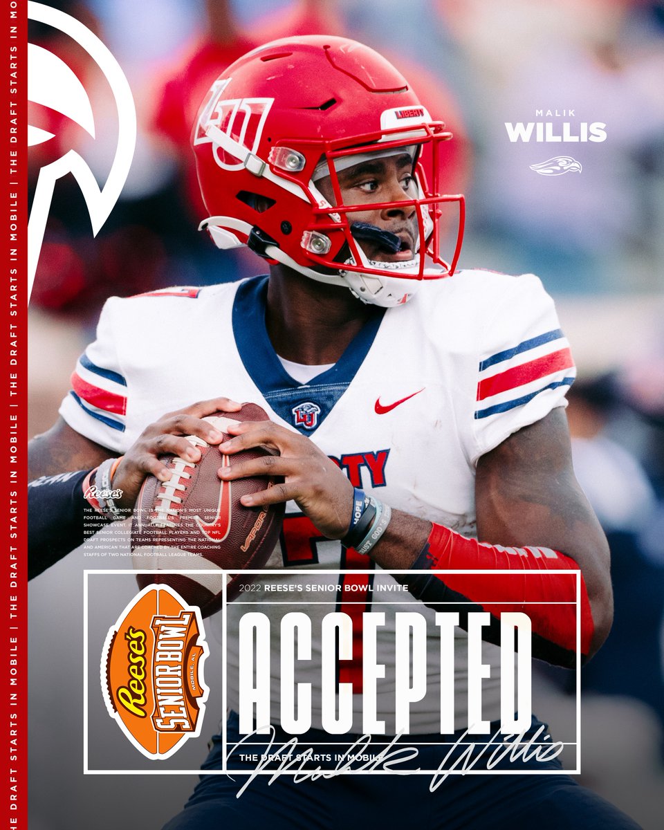 LibertyFootball's tweet photo. .@malikwillis is headed to the @seniorbowl!

🔗:https://t.co/qk5YSkIs6z

#TheDraftStartsInMOBILE #RatedRookie https://t.co/P1lkUghESi