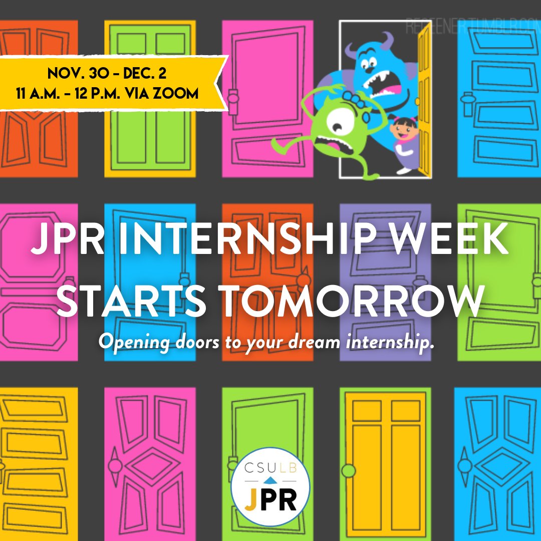 CSULBJPR's tweet photo. Welcome back from fall break! 😄
Let's start off the new week with JPR Internship Week! 🤩 The schedule will be posted soon!
#CSULB #CSULBJPR #Internship #InternshipWeek #GoBeach #LongBeach #MonstersInc #Disney https://t.co/fVpzSxoHDM