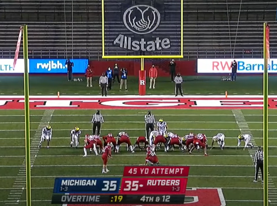 Bry_Mac's tweet photo. November 21, 2020. Rutgers lines up for a 45 yard field goal to beat Michigan in OT.  If they make it, Michigan falls to 1-4, and probably fires Jim Harbaugh. 

They miss. Narrowly. 

God I love this stupid sport and the absolute certainty with which we attempt to navigate it. https://t.co/wehvX5fCcj