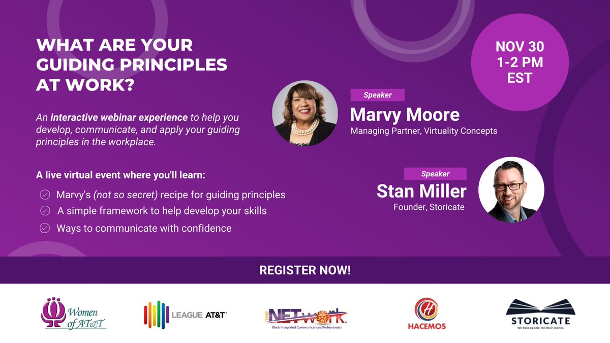 Happening Tomorrow!
In this one-hour webinar at 1PM EST on November 30th, Stan and Marvy aim to utilize their years of knowledge and experience to assist employees in creating a work environment that respects their guiding principles. 
Registration Link: bit.ly/ATT_GPWebinar