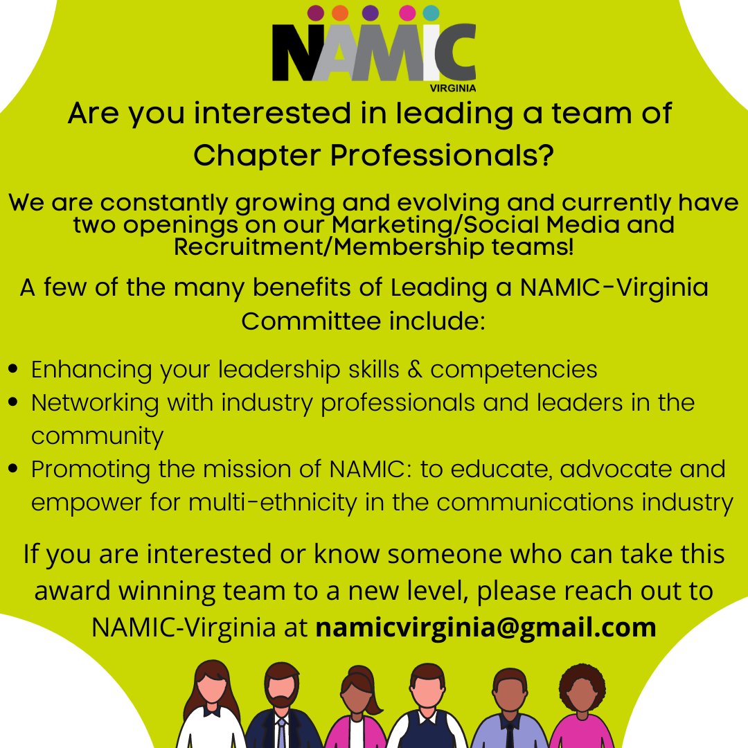 namic_va's tweet image. NAMIC-Virginia is looking for engaging leaders to lead a team of chapter professionals. We have leadership openings for our President, Vice President, and Recruitment/Membership Chair. 

If you are interested, please reach out to NAMIC-Virginia at namicvirginia@gmail.com.