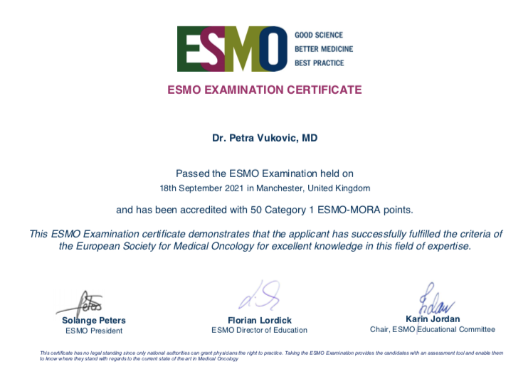 VukovicPetra's tweet photo. I am so happy and proud to have successfully passed #ESMO Examination in #Medical #Oncology‼️
Thank you so much @myESMO for all the amazing courses that I was lucky enough to attend and #OncologyPRO page, and as well @OncoAlert for helping me achieve this milestone in my career‼️ https://t.co/pxZU83oVJ5