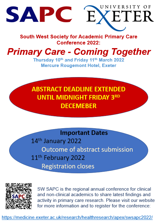 **SWSAPC abstract deadline extension until midnight on Friday 3rd December** Submit your 300-350 word abstract now for a chance to present your primary care research findings at the conference @sapcacuk
