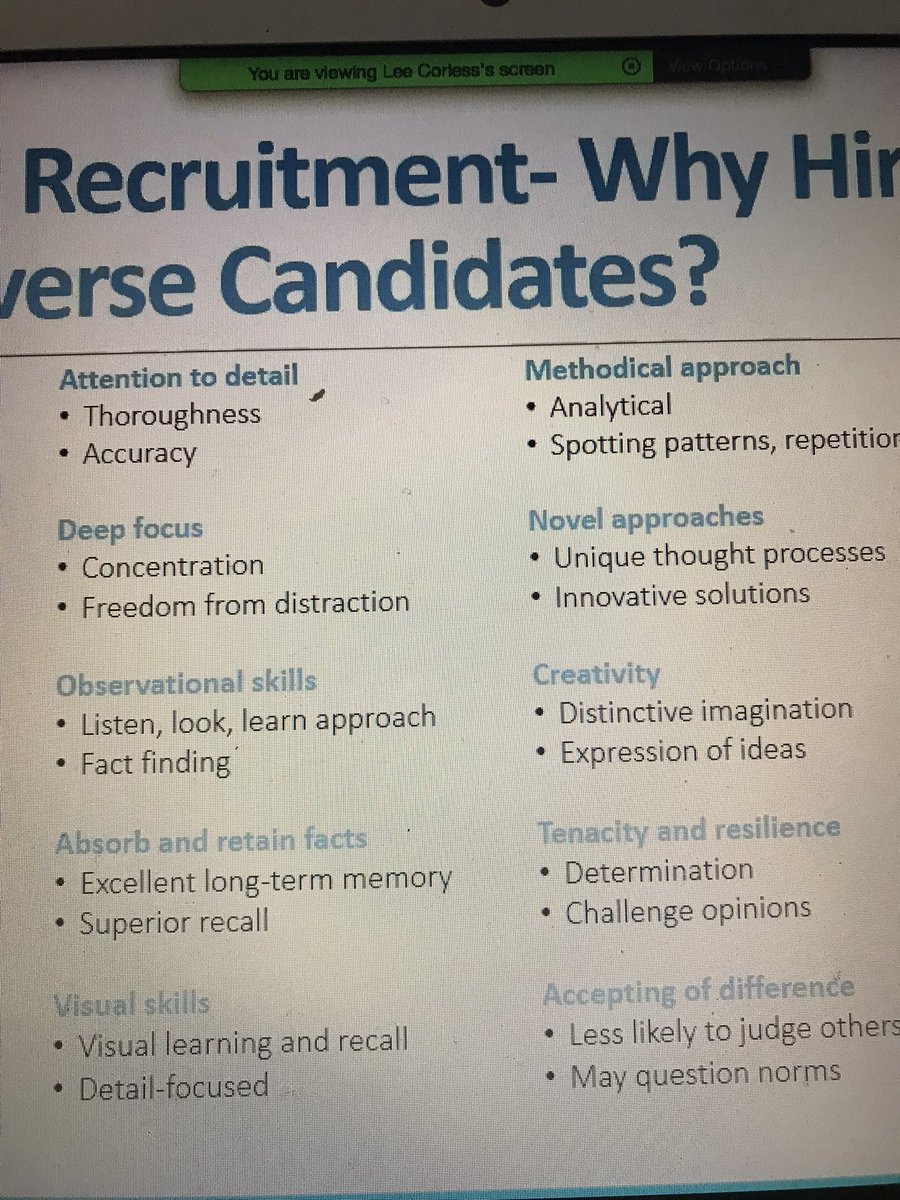 VickyJ_OT's tweet photo. Autistic/neurodiverse people have so many amazing strengths to bring to the workplace. There needs to be earlier intervention to improve pathways and opportunities in employment. Brilliant informative and strengths focused presentation from Lee Corless #Autismconf21 https://t.co/g0mBQlQHov