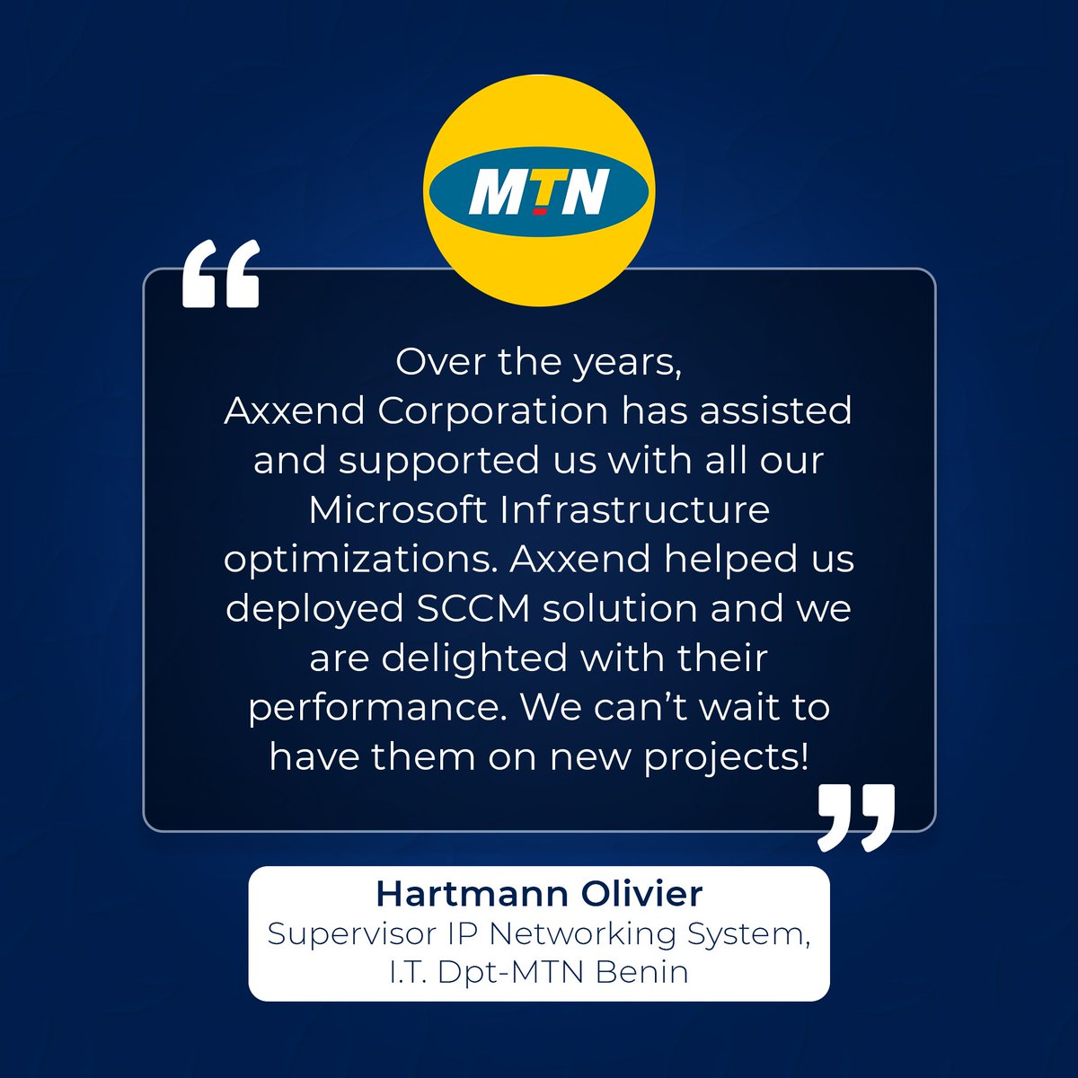 axxend_corp's tweet image. We are excited today to share a review from one of our esteemed clients.

Working with @MTNBenin has been nothing short of exciting. We look forward to working with them on more projects as well.

Thank you @MTNBenin for this testimonial

#axxend #axxendcorp #partnerforsuccess