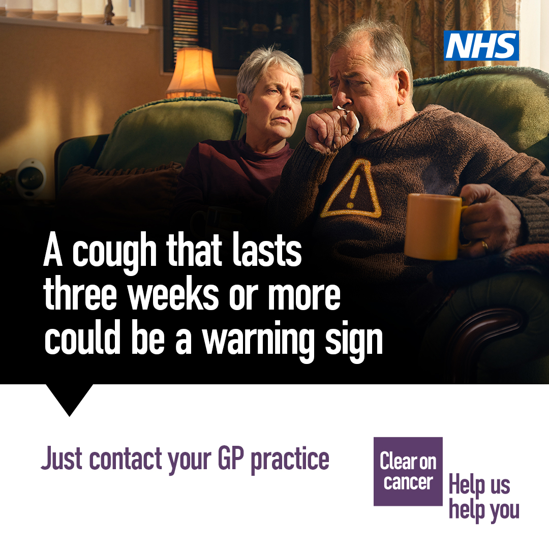 A cough that lasts three weeks or more could be a warning sign.

Just contact your GP practice.

#clearoncancer #Helpushelpyou