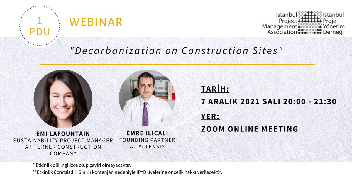 IPYDorg's tweet photo. 7 Aralık Salı günü, saat 20:00 - 21:30 arası, Sn. Emi LaFountain ve Sn. Emre ILICALI, PhD'nın sunumuyla "Decarbonization on Construction Sites" konulu webinarımızı online olarak gerçekleştireceğiz.
Kayıt ve katılım için; ⬇️
https://t.co/pz4DRCm9sm
#ipyd #agile #projeyönetimi https://t.co/8uaA5NXgPi