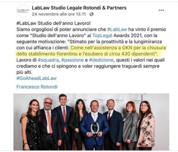 RominaMura's tweet image. #Lablaw, sull’orgoglio di aver messo 422 persone a un passo dal licenziamento, liberi di scegliere i vostri valori, ma non me ne vanterei. Sulla lungimiranza? Avete da lavorare, visto che il Tribunale del Lavoro – fortunatamente - ha bloccato #Gkn per atteggiamento antisindacale.