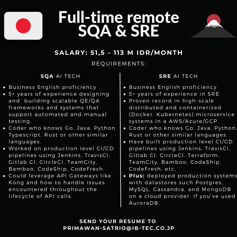 [LOKER FULL-TIME REMOTE JEPANG]
Cukup butuh bhs inggris, range gaji start 51,5 juta IDR/bulan utk SQA, dan bisa hingga 113 juta IDR/bulan utk Back-end Engineer, Front-end Engineer, hingga SRE.

Kalau mau pindah ke Jepang juga boleh. @hrdbacot boleh minta retweet nya ya. Arigatou~