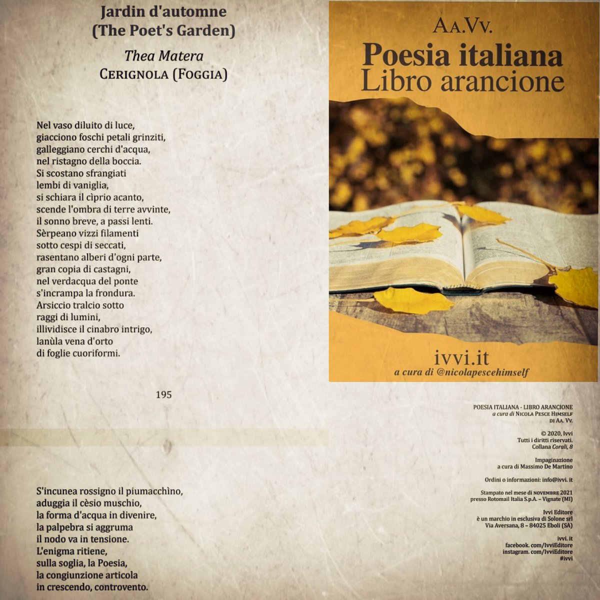 materathea's tweet photo. #ivvieditore #poesia #poesiacontemporanea #poesiaitaliana #libroarancione https://t.co/tAmpYxKS3h