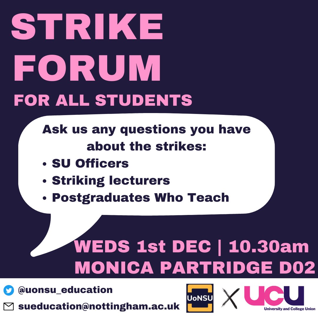 We’re hosting a Q+A forum for all students to ask questions about the strikes!

All are welcome! 

Wednesday 1st December - 10.30am in Monica Partridge D02